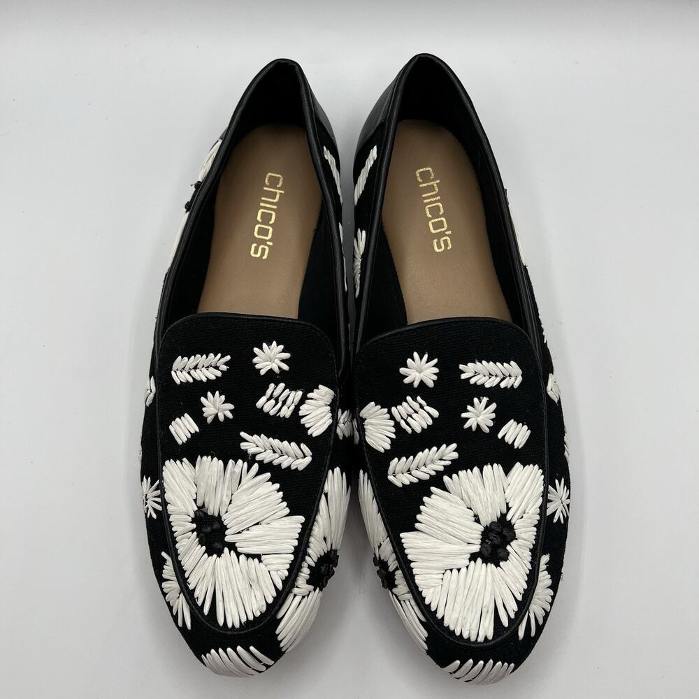 Chico’s Harlo Embroidered Raffia Loafers Black Ecru Floral Size 9/9.5M NWT READ
